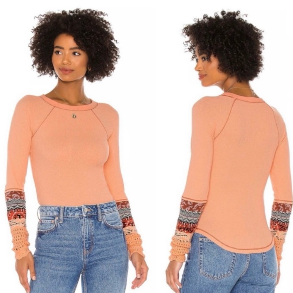 Free People Mix Cuff Thermal Orange Top Small
